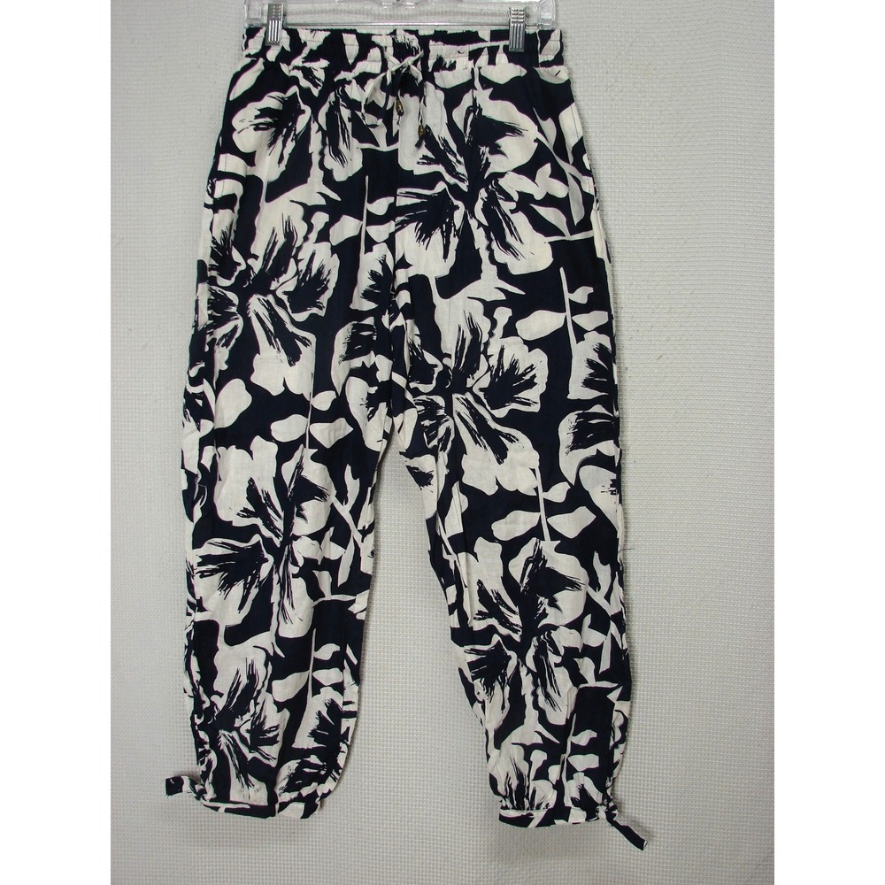 Calypso St Barth Blue White Tropical Floral Print Linen Pull On Harem Pants S